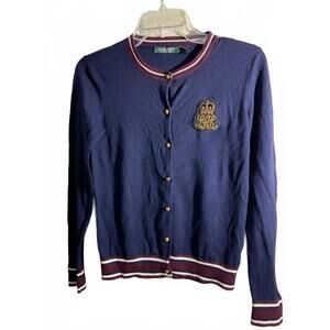 Ralph Lauren Navy Cardigan with Embroidered Logo  Academia Preppy Medium
